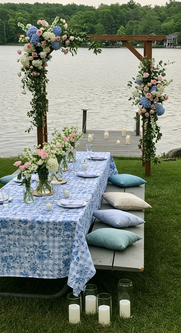 Pique-nique rustique au bord d'un lac avec arche florale bleue et rose, coussins pastel et nappe vichy.