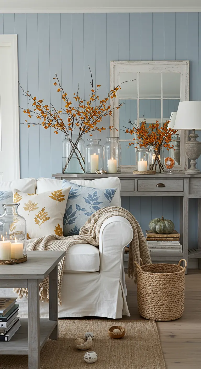 Salon côtier avec canapé blanc, coussins à motifs de feuilles et murs bleu-gris.