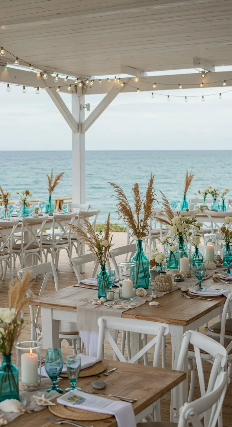 Tables de mariage en bord de mer, décorées de bouteilles bleues, coquillages et fleurs séchées.