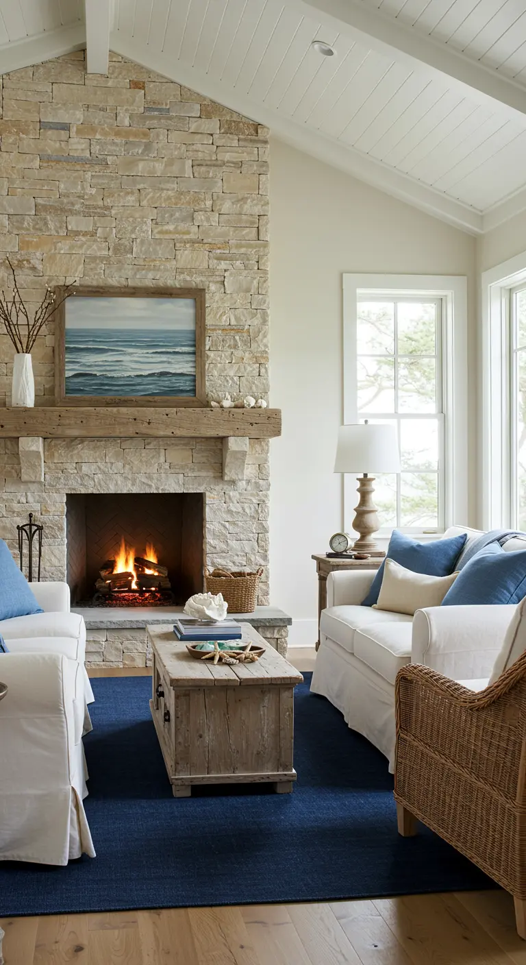 Salon côtier avec cheminée en pierre claire, canapés blancs et touches de bleu.