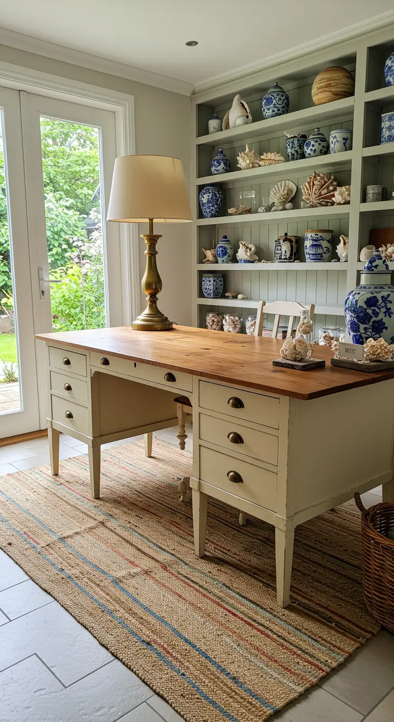 Bureau couleur crème avec bibliothèque assortie remplie de céramiques bleues et de coquillages.