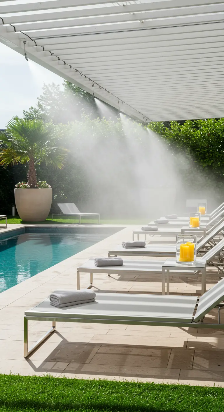 Bord de piscine avec plusieurs transats blancs, un palmier et des brumisateurs sous une pergola.