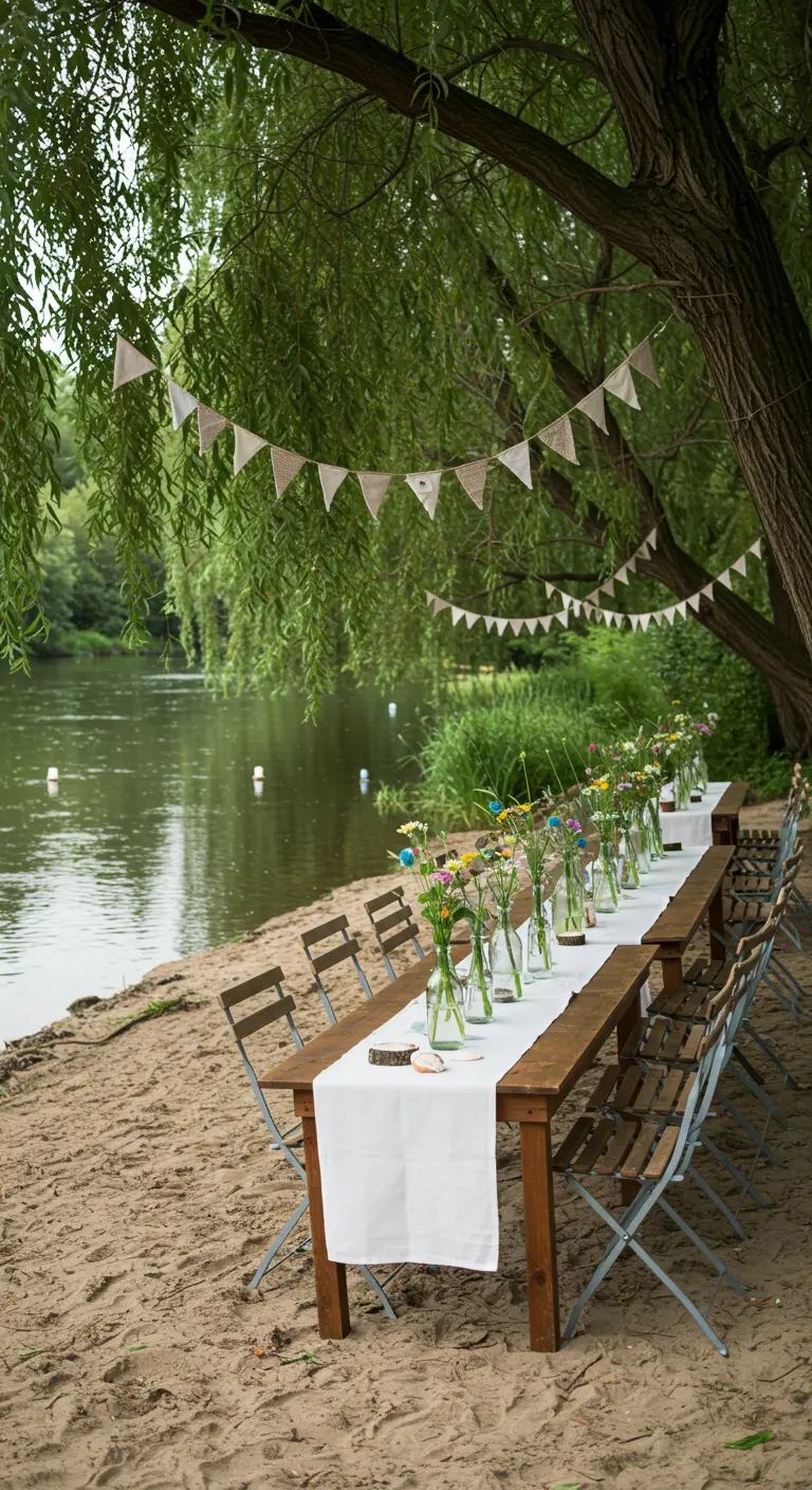 Longue table en bois sur une plage de rivière, décorée de petits vases de fleurs, guirlandes de fanions et chaises pliantes.