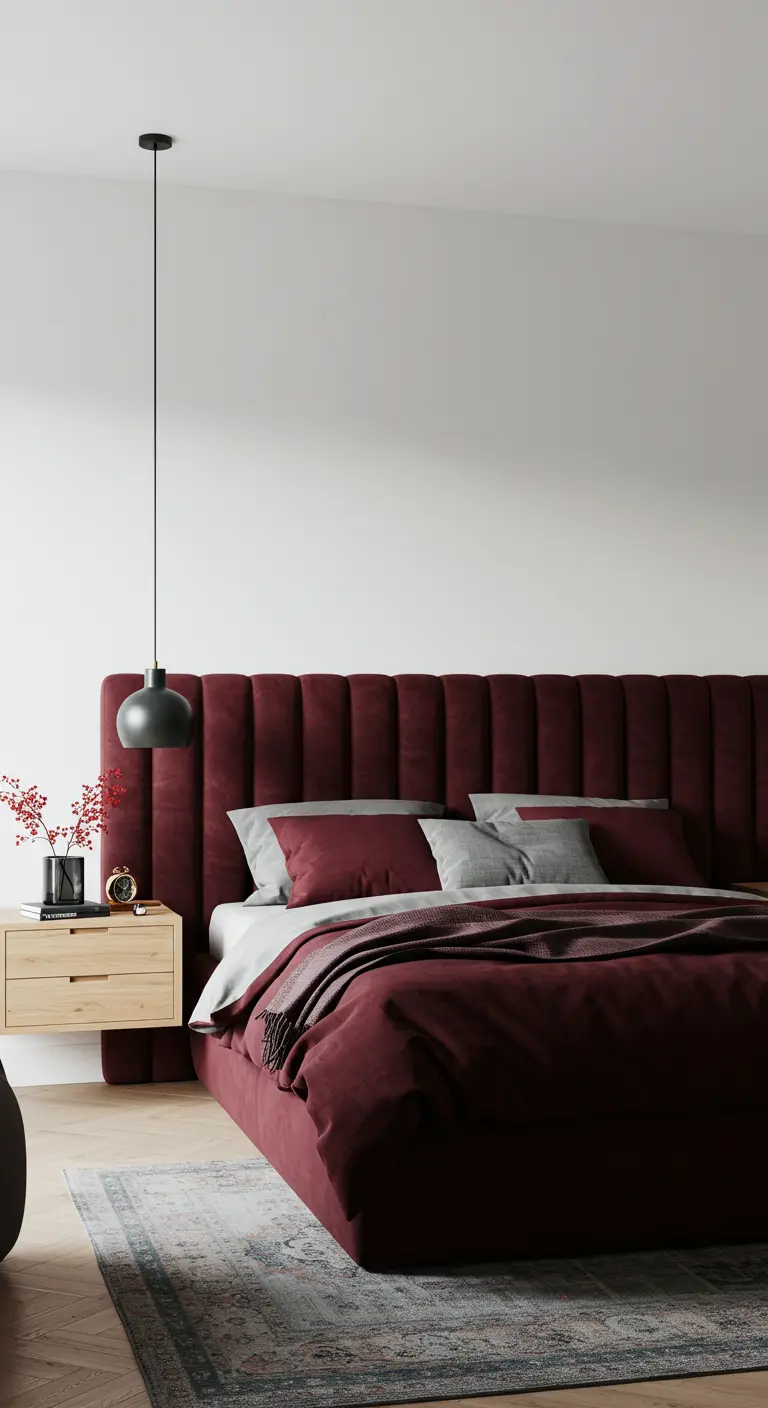 Chambre chic avec un grand lit en velours bordeaux, des chevets en bois et un tapis persan.