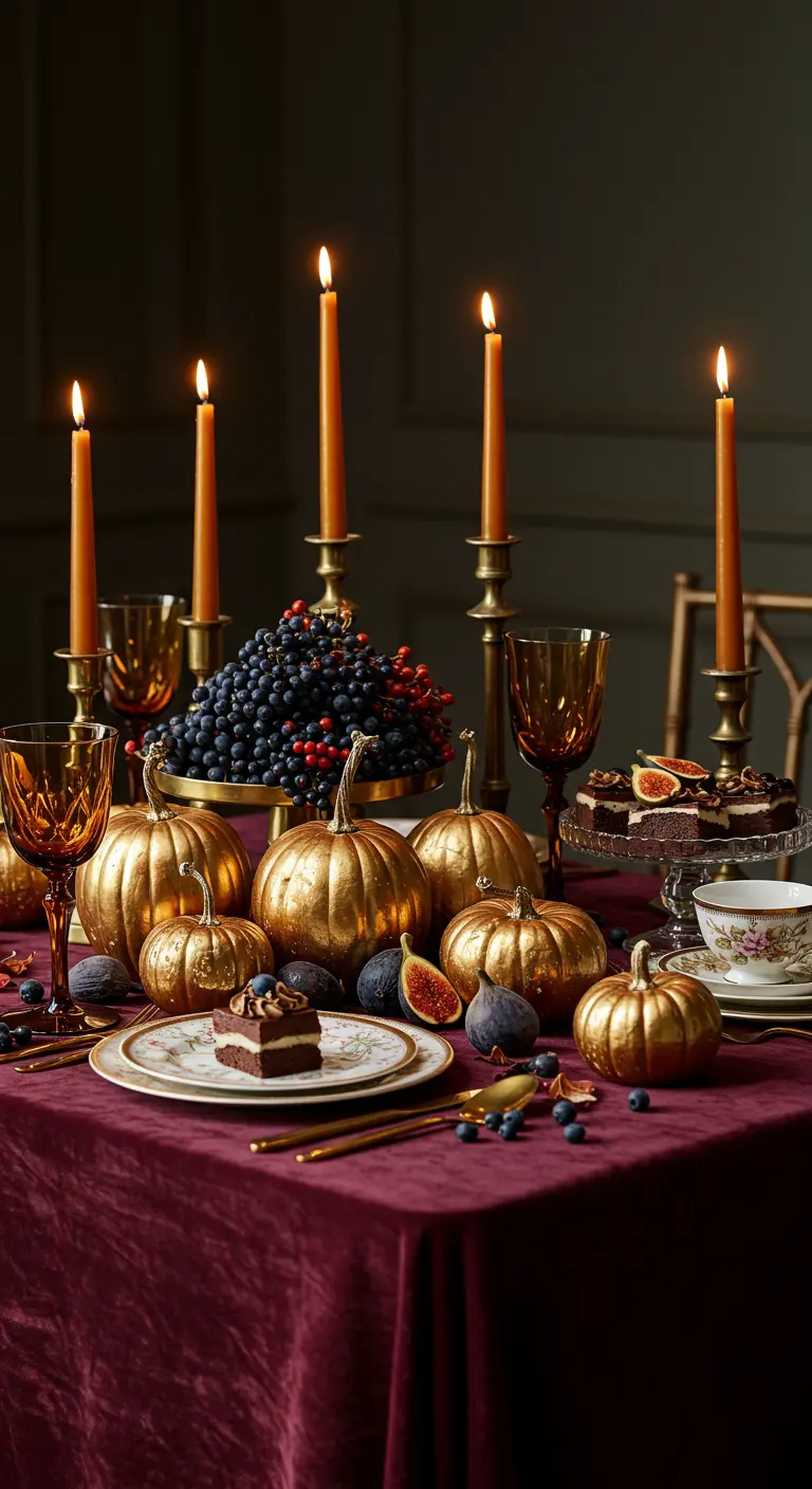Une table avec une nappe en velours bordeaux, décorée de citrouilles dorées, de bougies ambrées, de raisins et de figues.