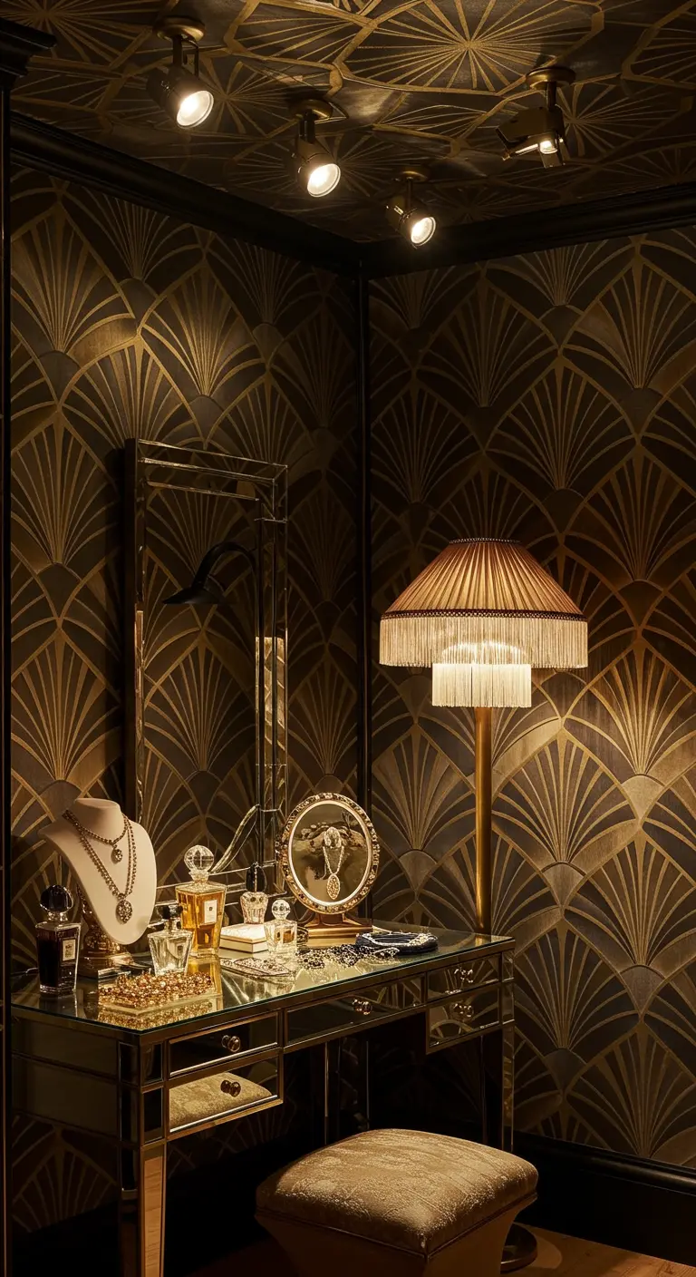 Coiffeuse Art Déco avec papier peint graphique et lampe à franges.