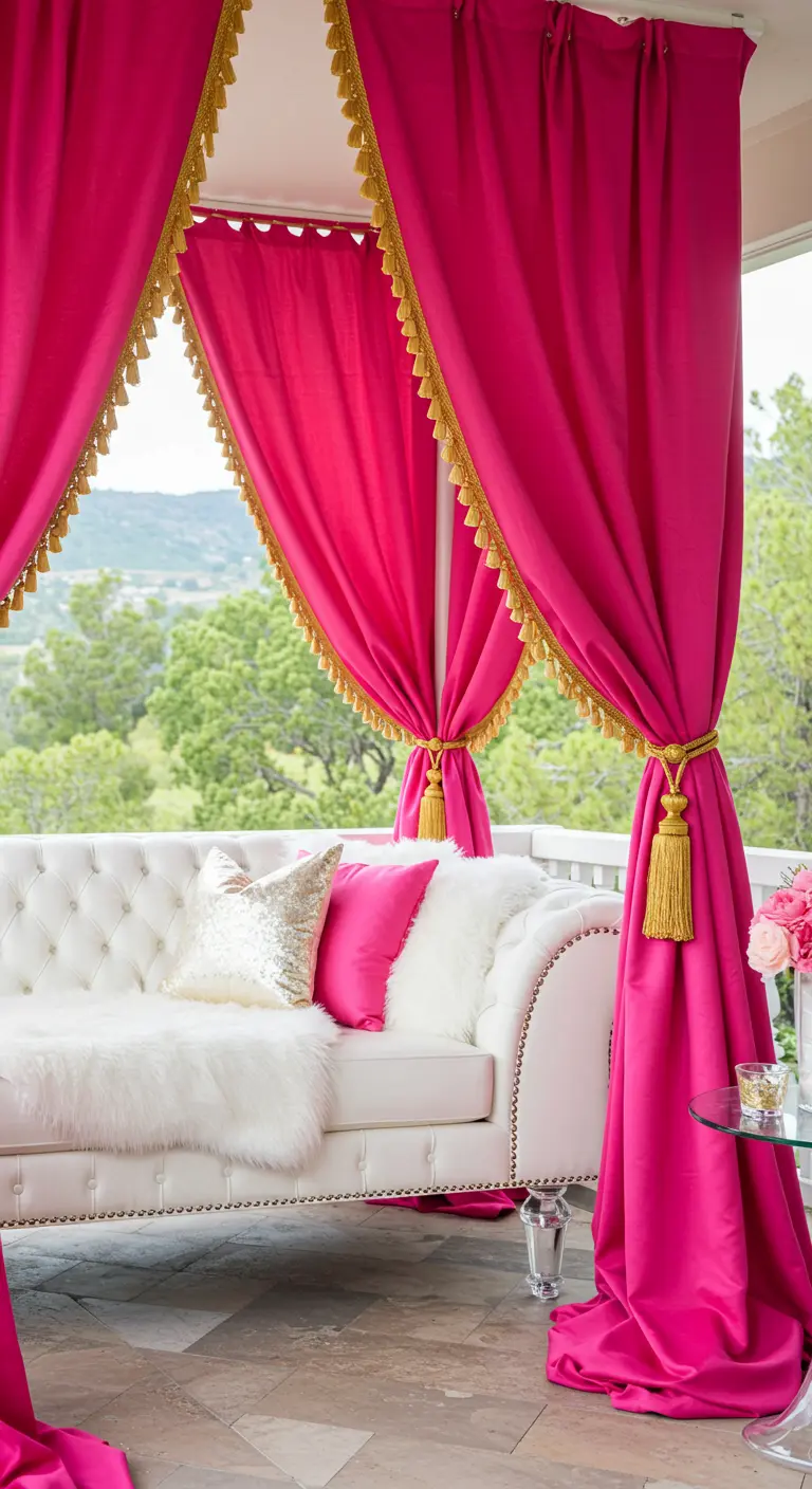 Canapé Chesterfield blanc avec des rideaux fuchsia sur un balcon
