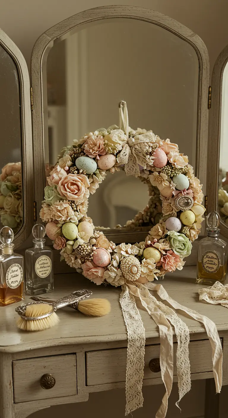 Couronne de fleurs en soie pastel avec des perles et de la dentelle, posée sur une coiffeuse vintage.