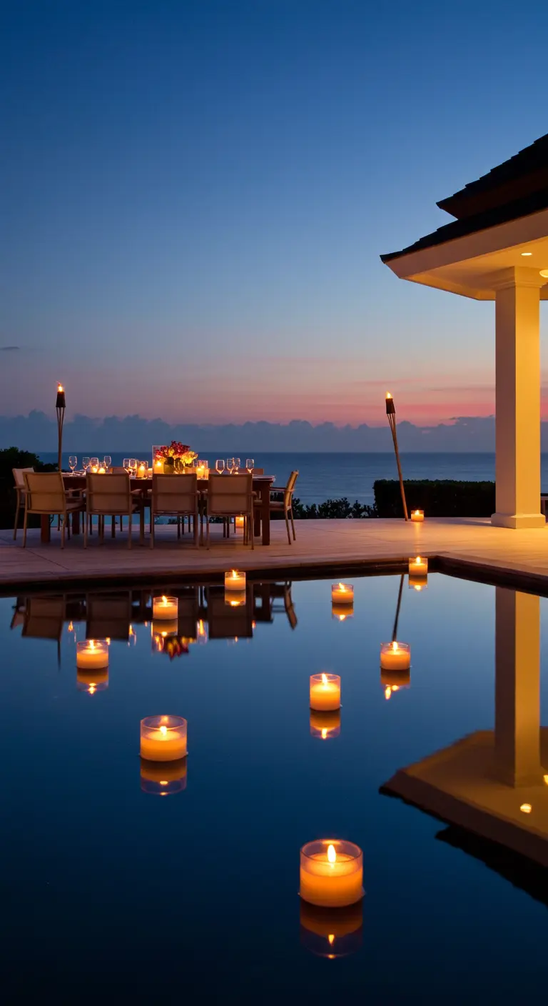 Table de dîner en terrasse au bord d'une piscine avec des bougies flottantes au crépuscule.