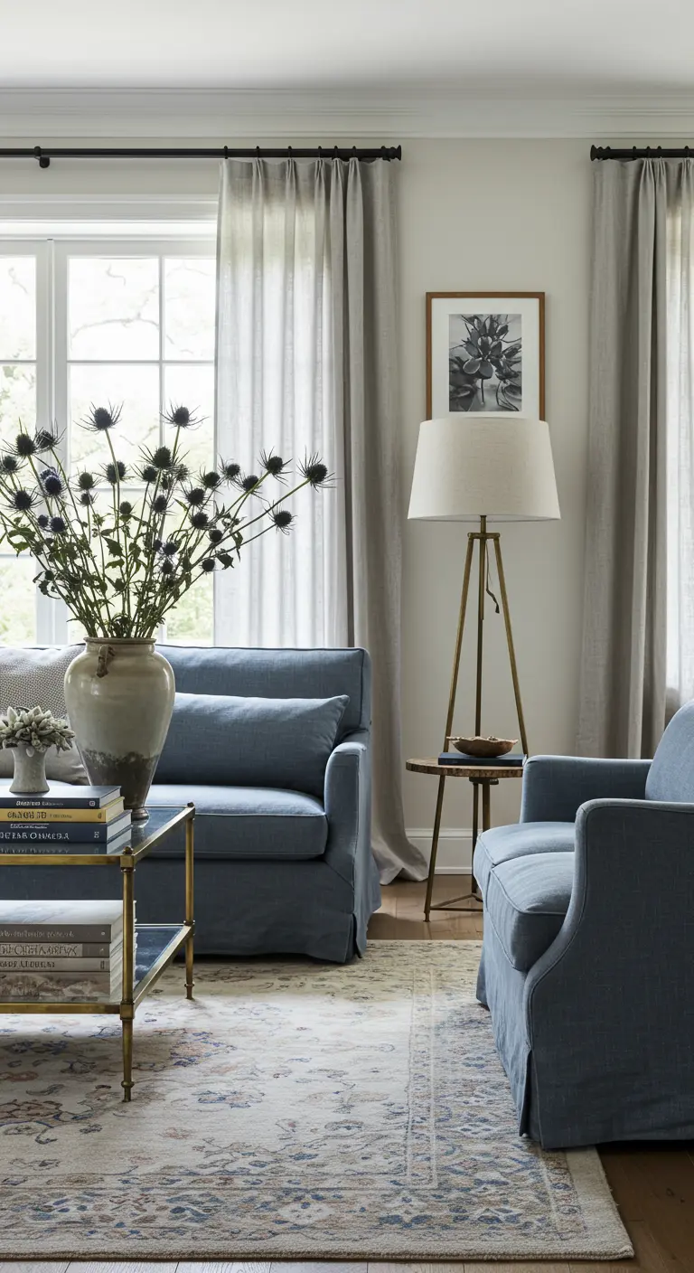 Salon élégant avec canapés bleus, table basse en verre et laiton, et grand vase avec bouquet de chardons.