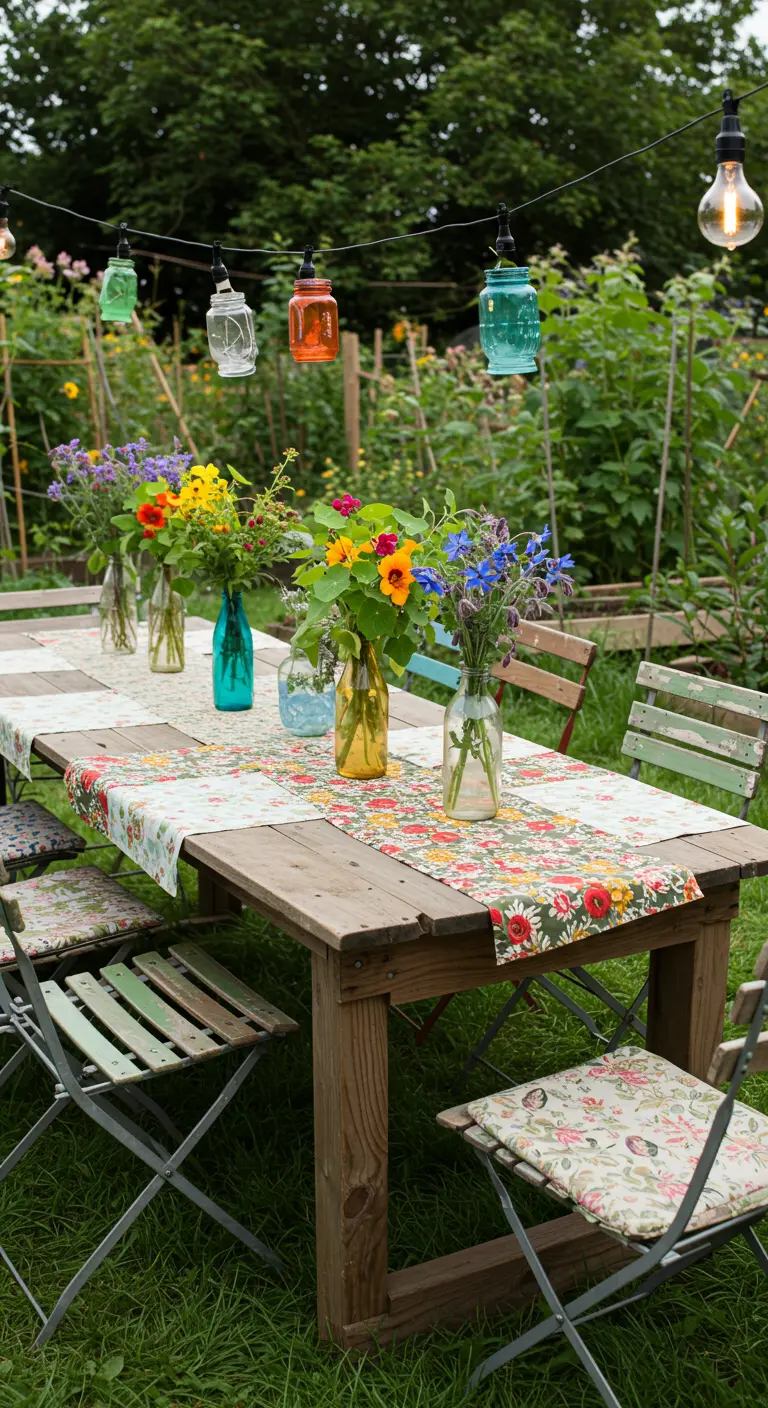 Table en bois avec un chemin de table fleuri et des fleurs dans des bouteilles en verre colorées.