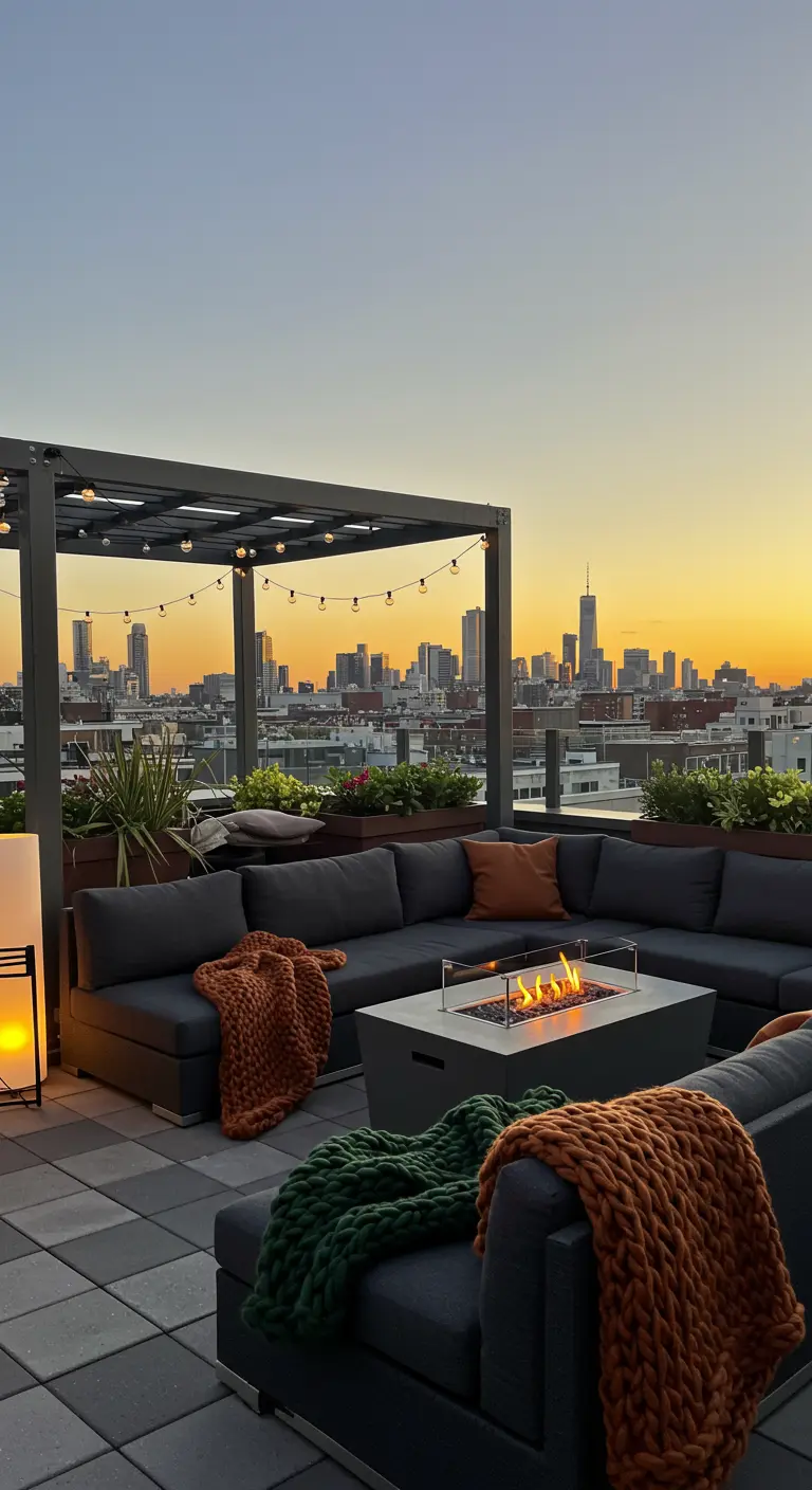 Terrasse urbaine avec brasero, canapés modulaires, plaids colorés, guirlandes lumineuses et vue sur le coucher de soleil.