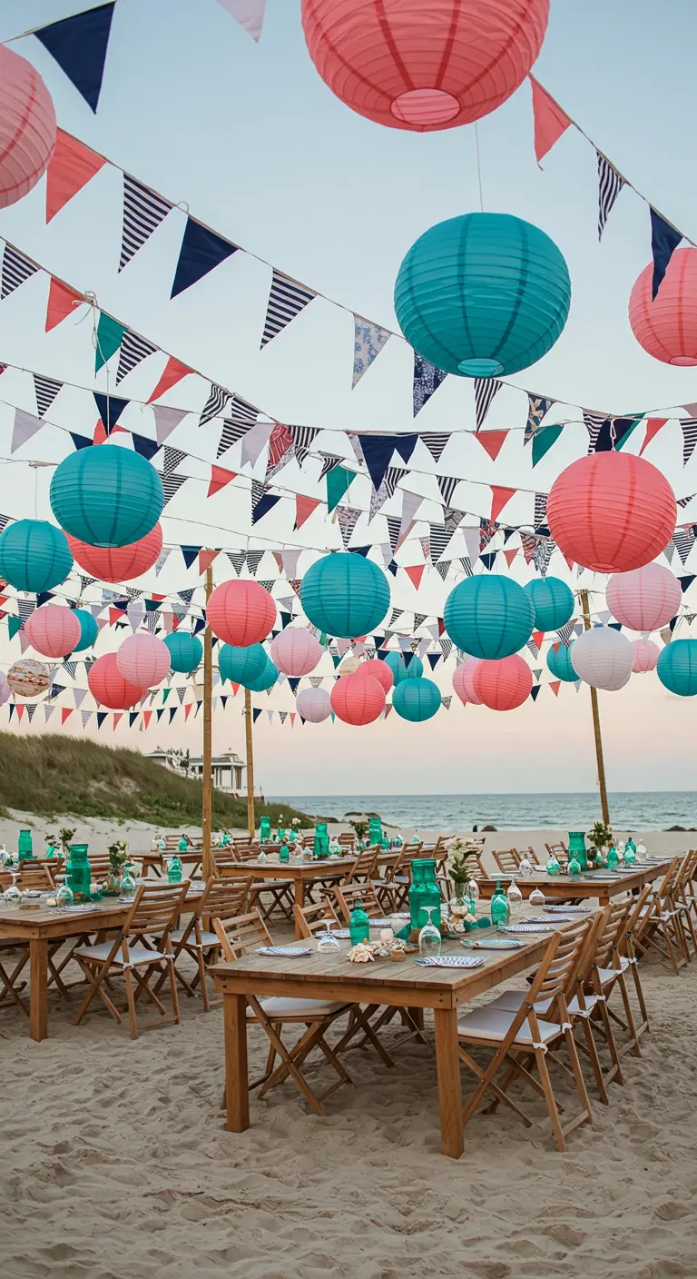Réception de mariage sur la plage avec des lampions roses, bleus et blancs, fanions et tables en bois.