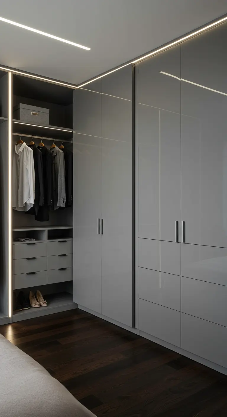 Dressing gris laqué avec éclairage LED intégré et design minimaliste.