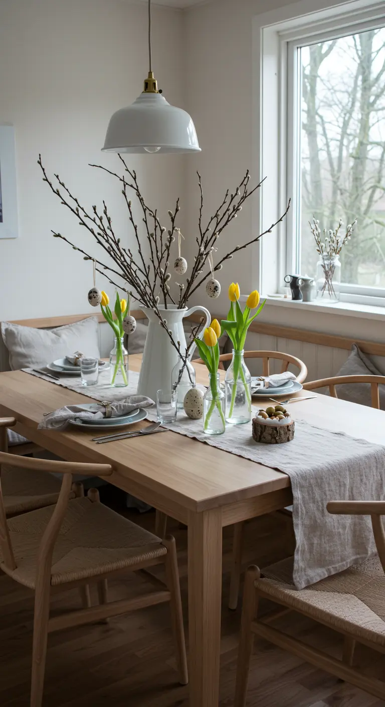 Table de Pâques scandinave avec des branches de saule, des tulipes jaunes et du bois clair.
