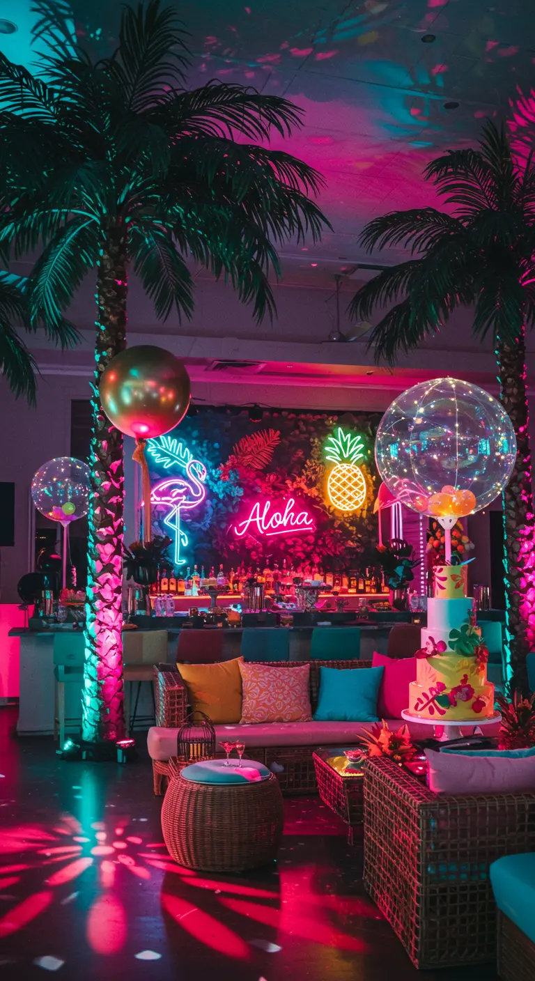 Salle de fête industrielle avec mur de briques, lumières néon orange, tables en bois et ballons métallisés.