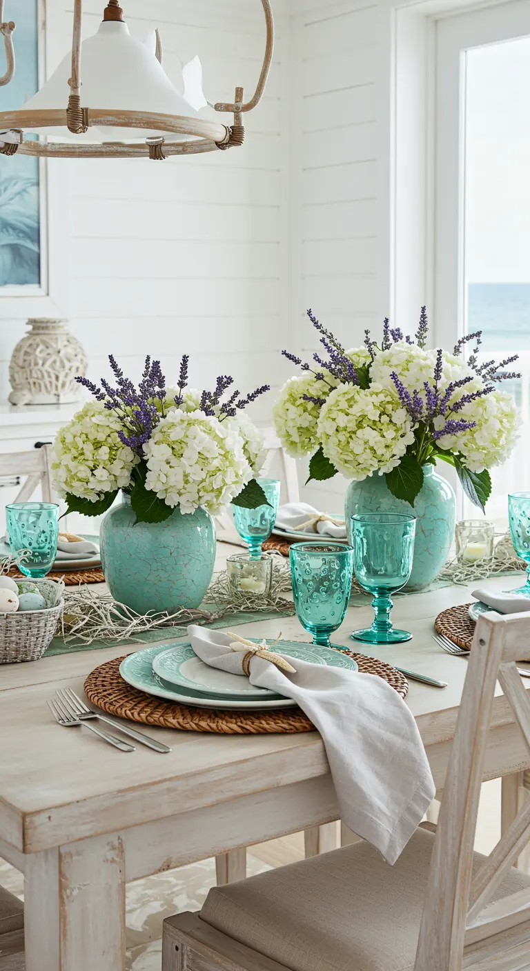 Table de Pâques d'inspiration côtière avec des hortensias blancs dans des vases turquoise.
