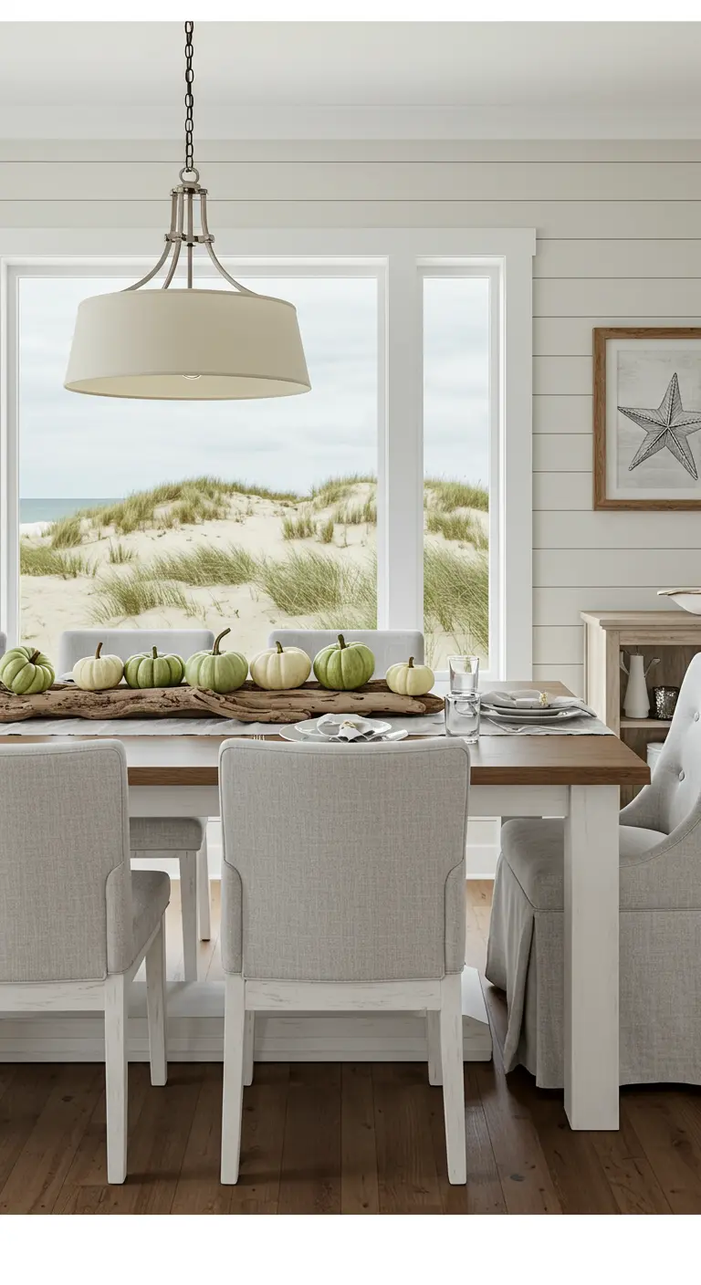 Table de style côtier avec des citrouilles dans les tons de vert et de crème.
