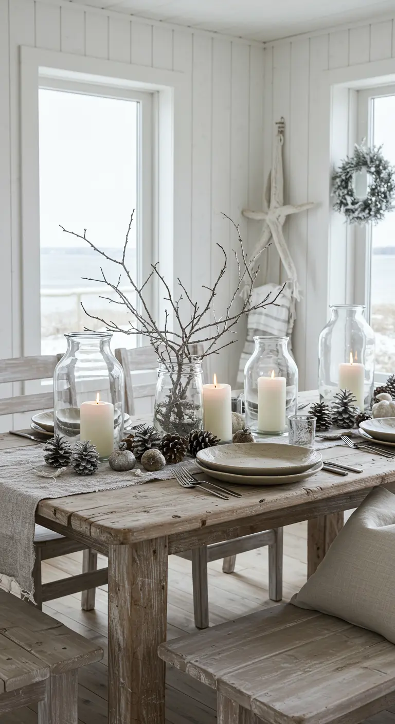 Table de Noël côtière avec bois vieilli, bocaux en verre et grosses bougies.