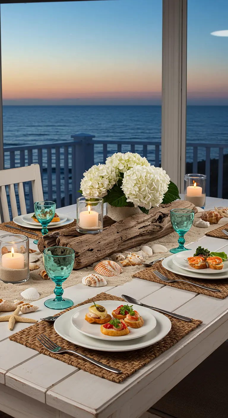 Table de dîner en bord de mer avec bois flotté et coquillages