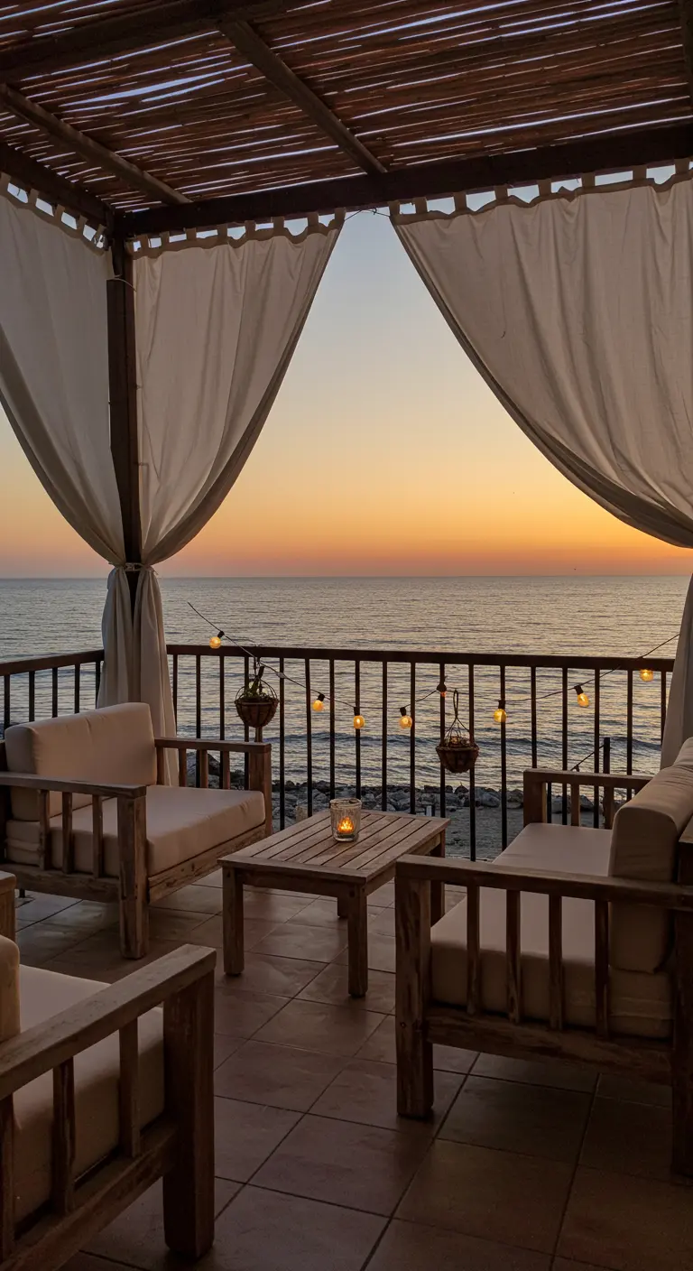 Balcon face à la mer avec des meubles en bois et des rideaux blancs.
