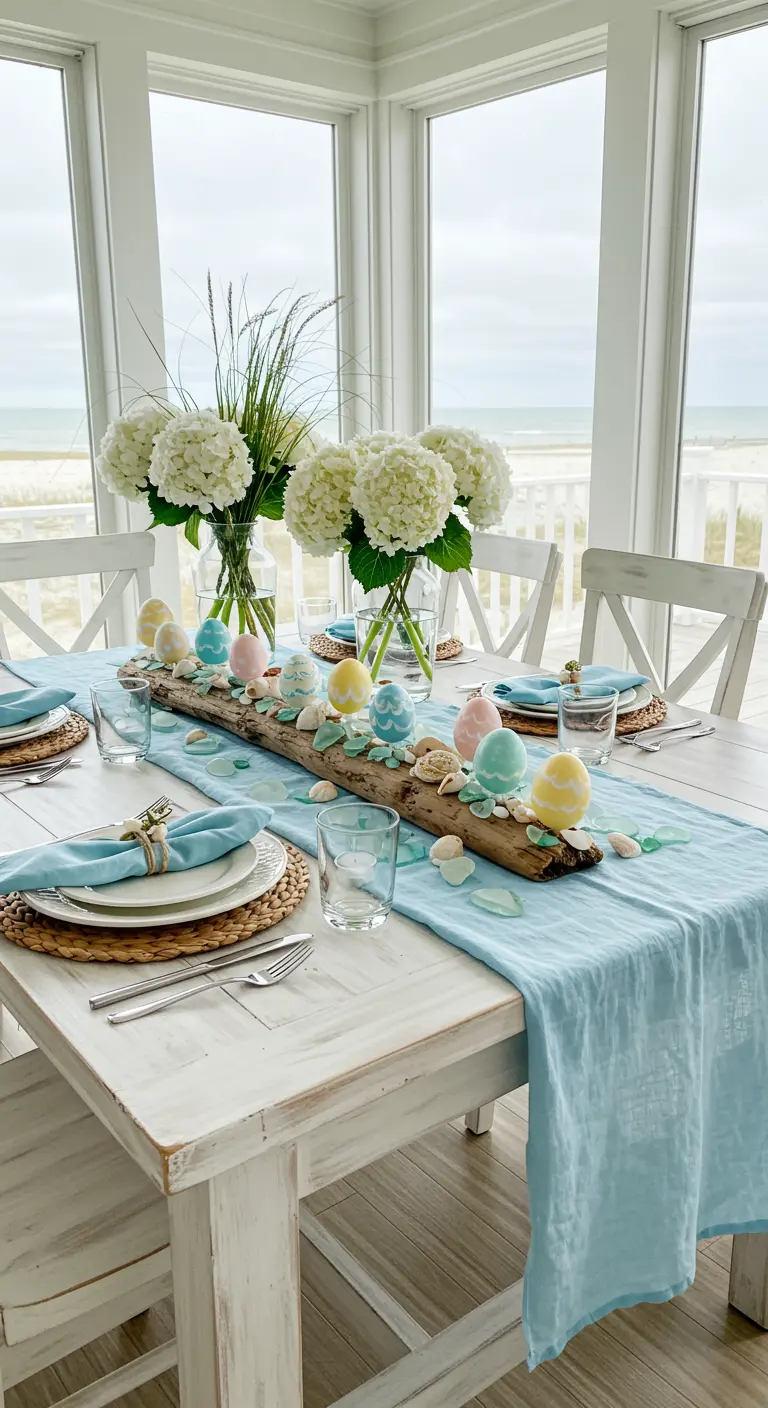 Table de Pâques d'inspiration côtière avec du bois flotté et des œufs dans les tons pastel.
