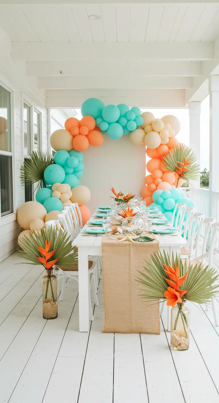 Table de fête sur une terrasse blanche avec des ballons turquoise et corail et des fleurs exotiques.