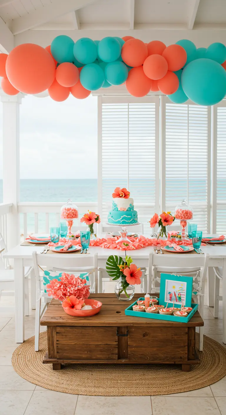 Table de fête sur un porche avec vue sur la mer, ballons corail et turquoise.