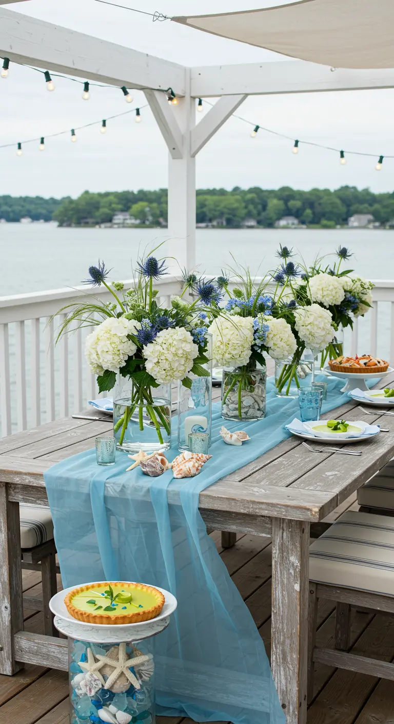 Table d'été au bord de l'eau avec hortensias blancs, chardons bleus, chemin de table bleu et coquillages.