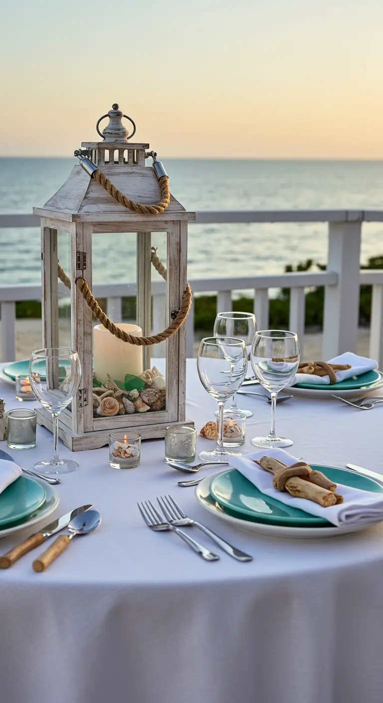 Lanterne blanche vieillie avec sable et coquillages sur une table face à la mer.