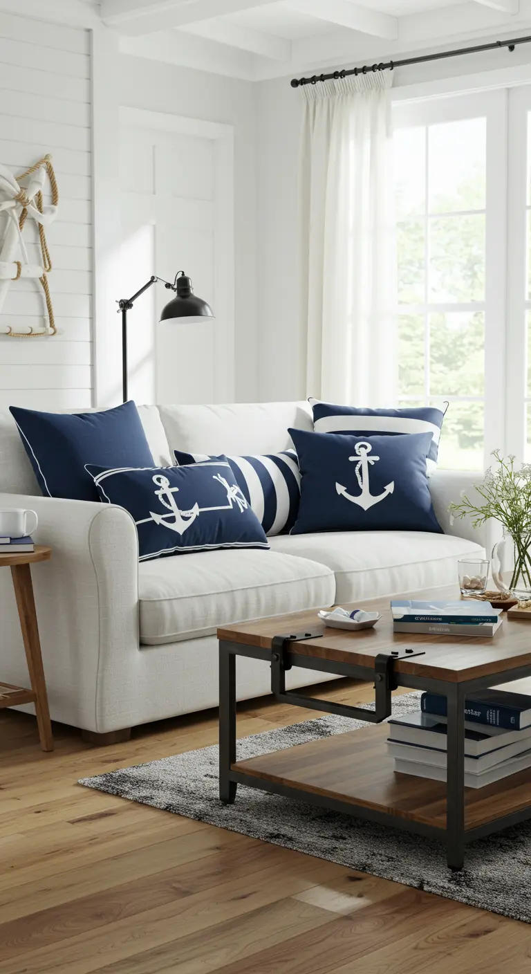 Canapé blanc avec des coussins bleu marine à rayures et motifs d'ancre.