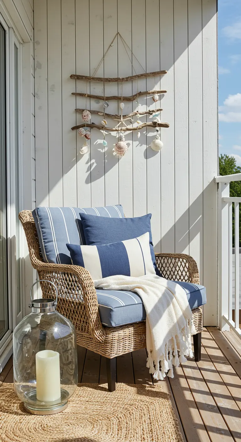 Coin détente d'inspiration marine avec fauteuil en rotin et mobile DIY.