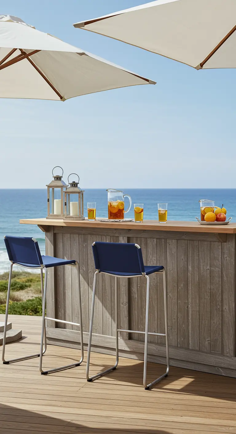Bar en bois grisé avec deux tabourets bleus face à l'océan.