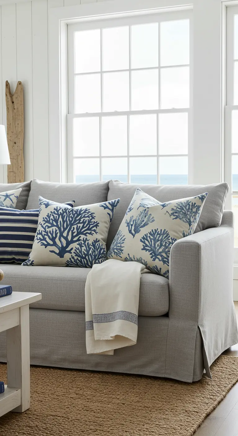 Canapé gris avec des coussins à motifs de corail bleu et un coussin à rayures marines.