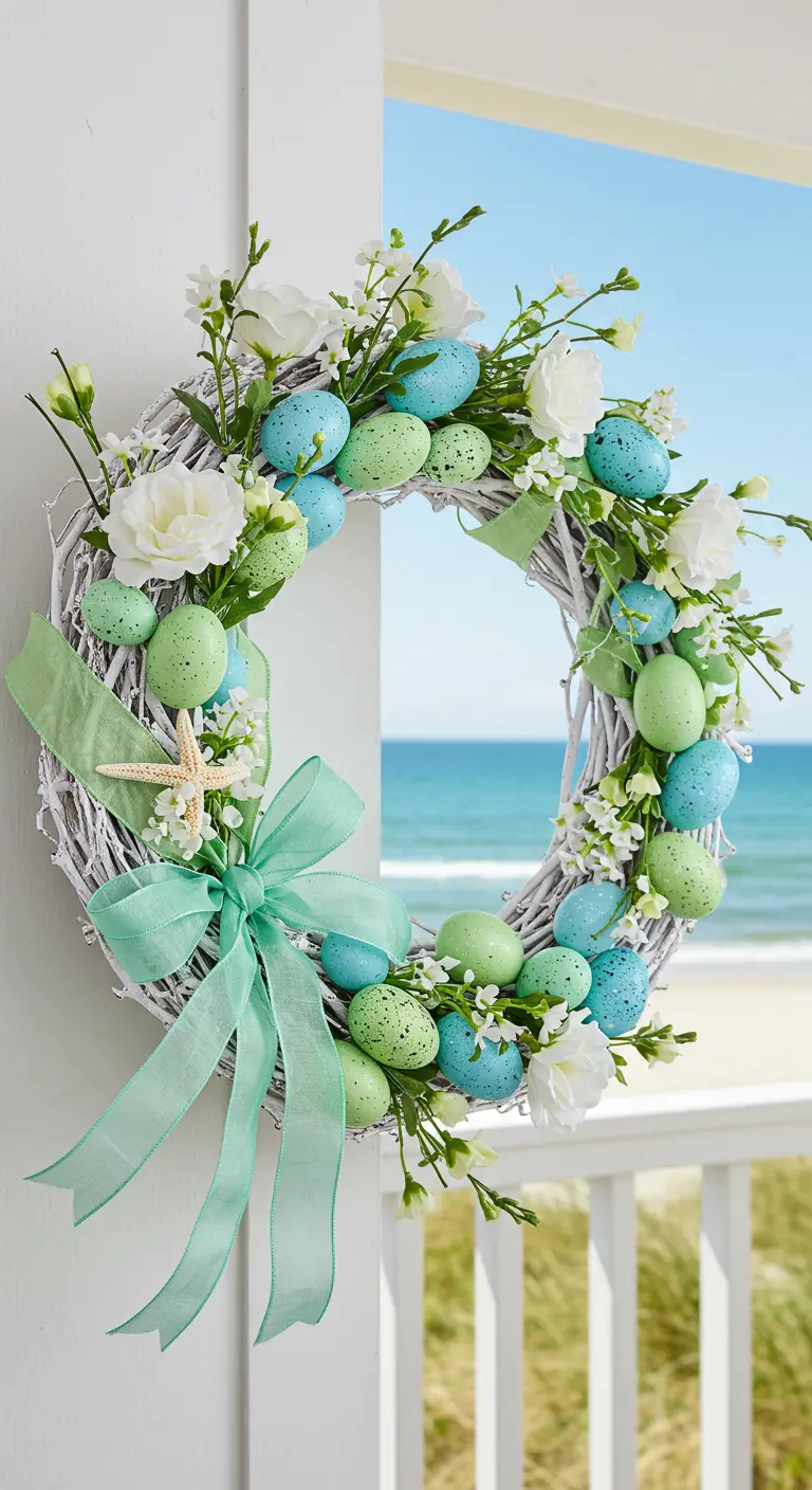 Couronne de Pâques blanche avec des œufs turquoise et verts, vue sur un balcon face à la mer.