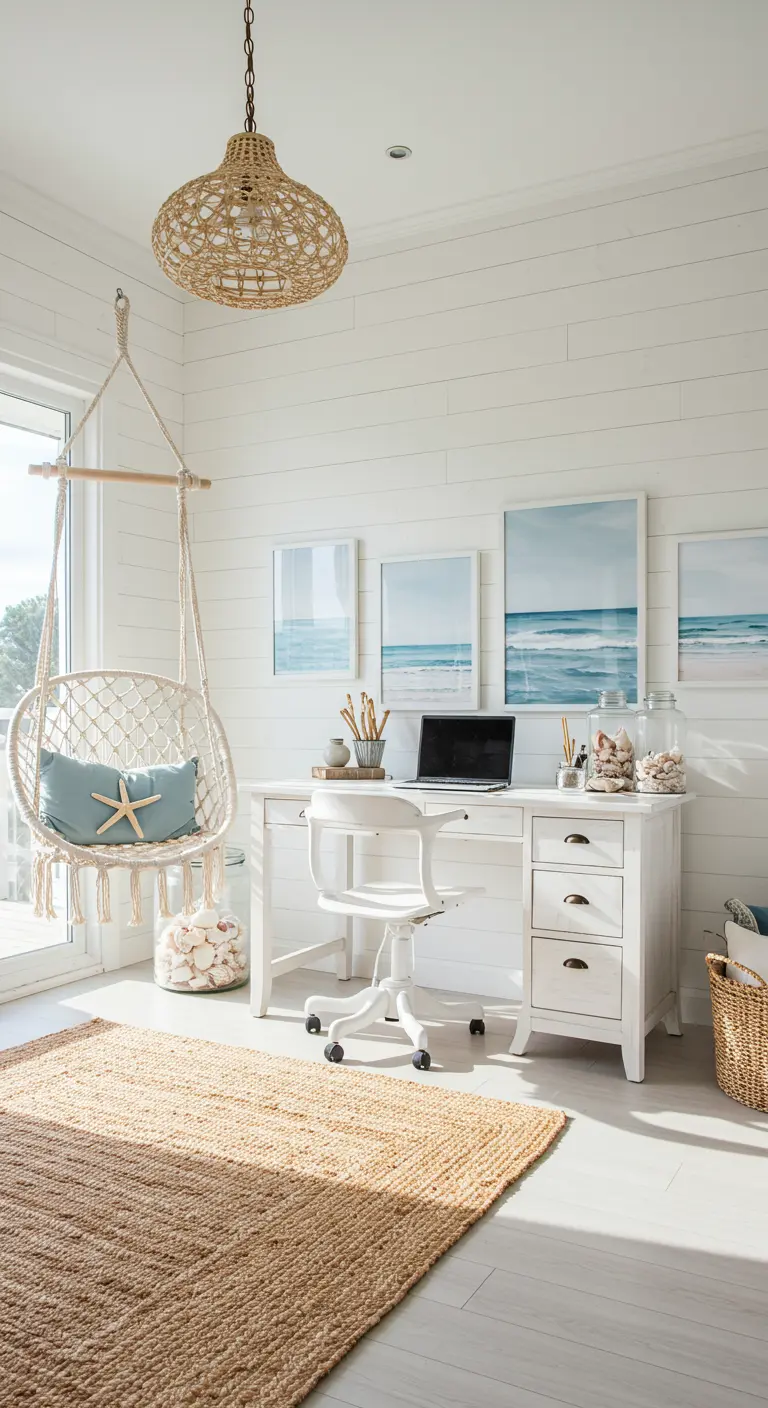 Bureau blanc de style côtier avec une chaise suspendue en macramé.