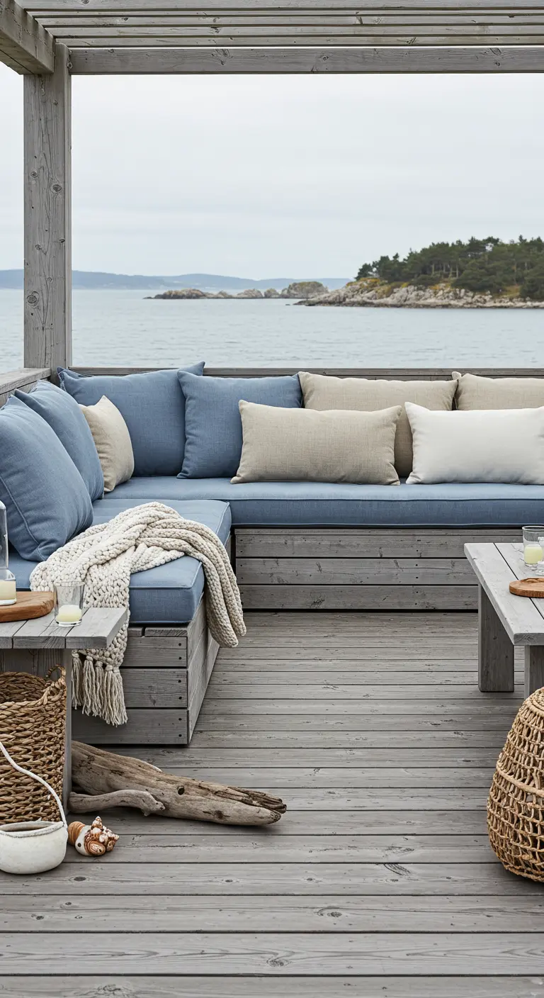 Banquette en bois gris sur terrasse côtière, coussins bleus et beiges, plaids douillets.
