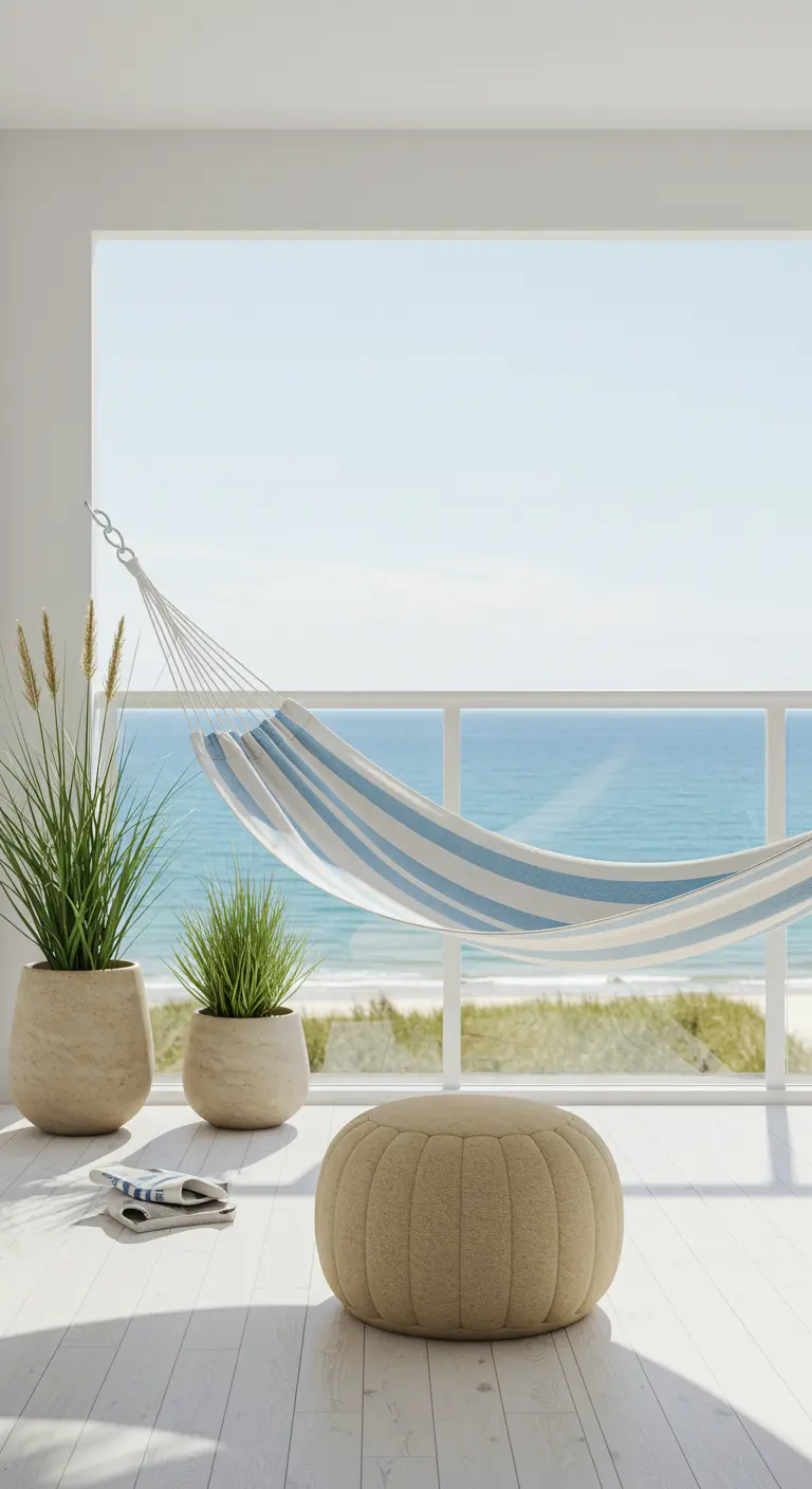 Hamac à rayures bleues sur un balcon ensoleillé face à la mer.