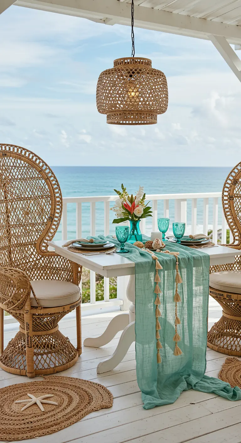 Table face à la mer avec un chemin de table turquoise et des fauteuils en rotin.