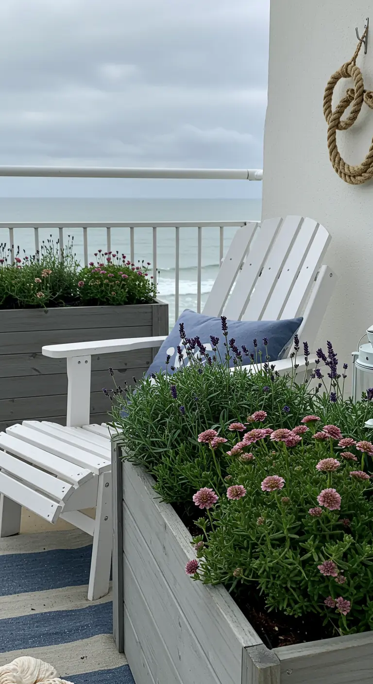 Balcon de style côtier avec une chaise Adirondack blanche et de la lavande dans des bacs en bois.