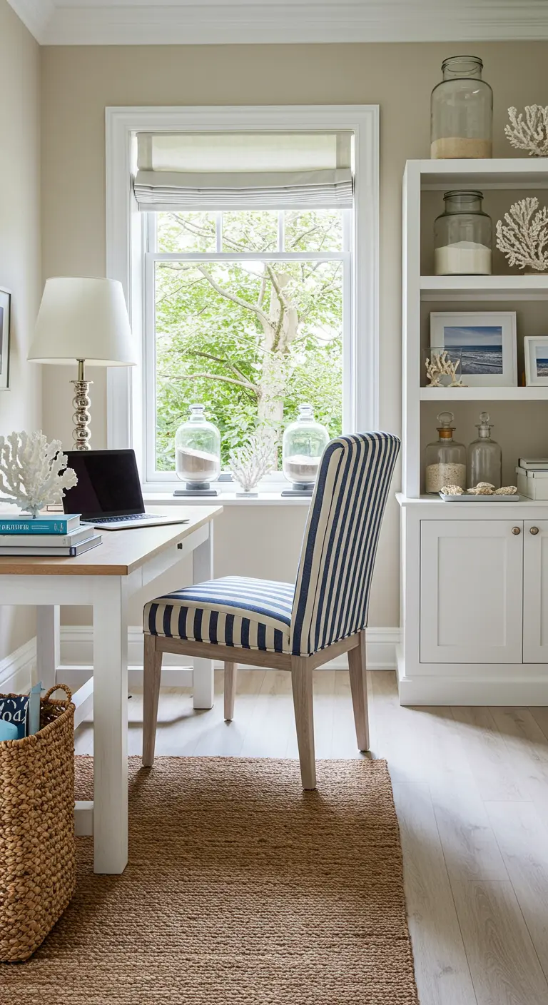 Bureau blanc de style côtier avec chaise à rayures bleues et décoration marine.