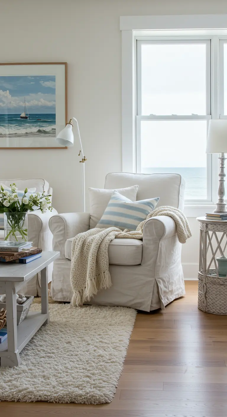 Salon côtier avec fauteuil blanc, tapis moelleux et coussin à rayures bleues.