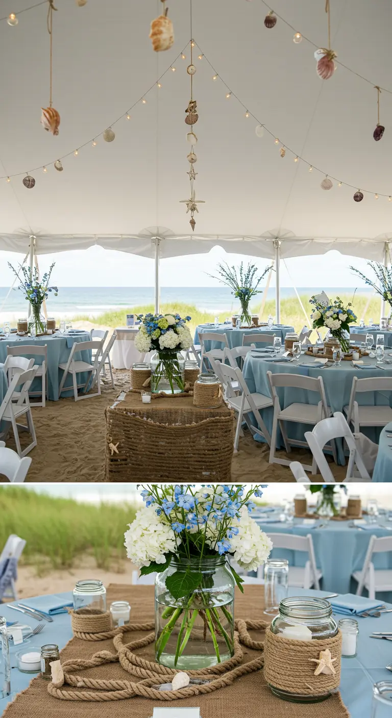 Table de mariage sur la plage sous une tente, hortensias en bocaux, cordes et coquillages.