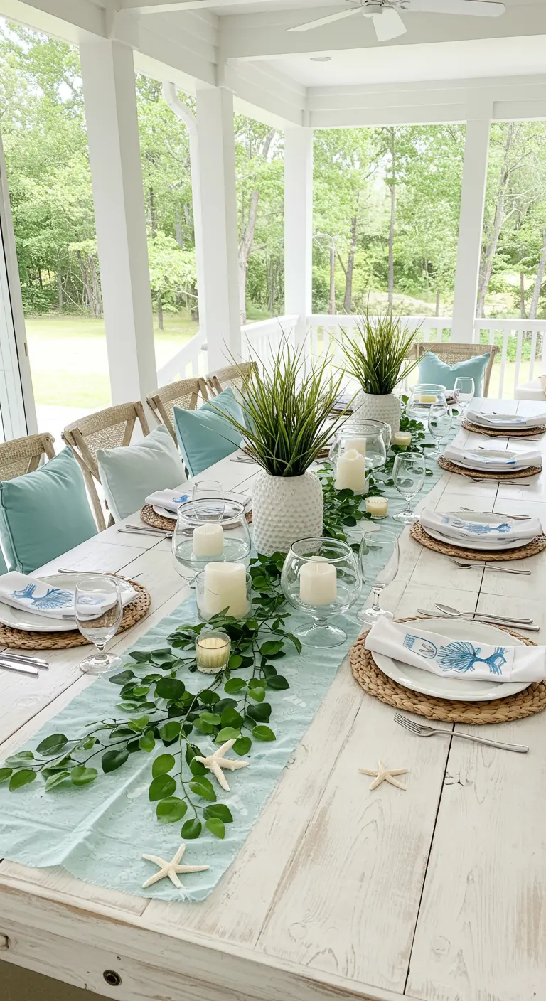 Table côtière avec chemin de table bleu, feuillage vert et étoiles de mer.
