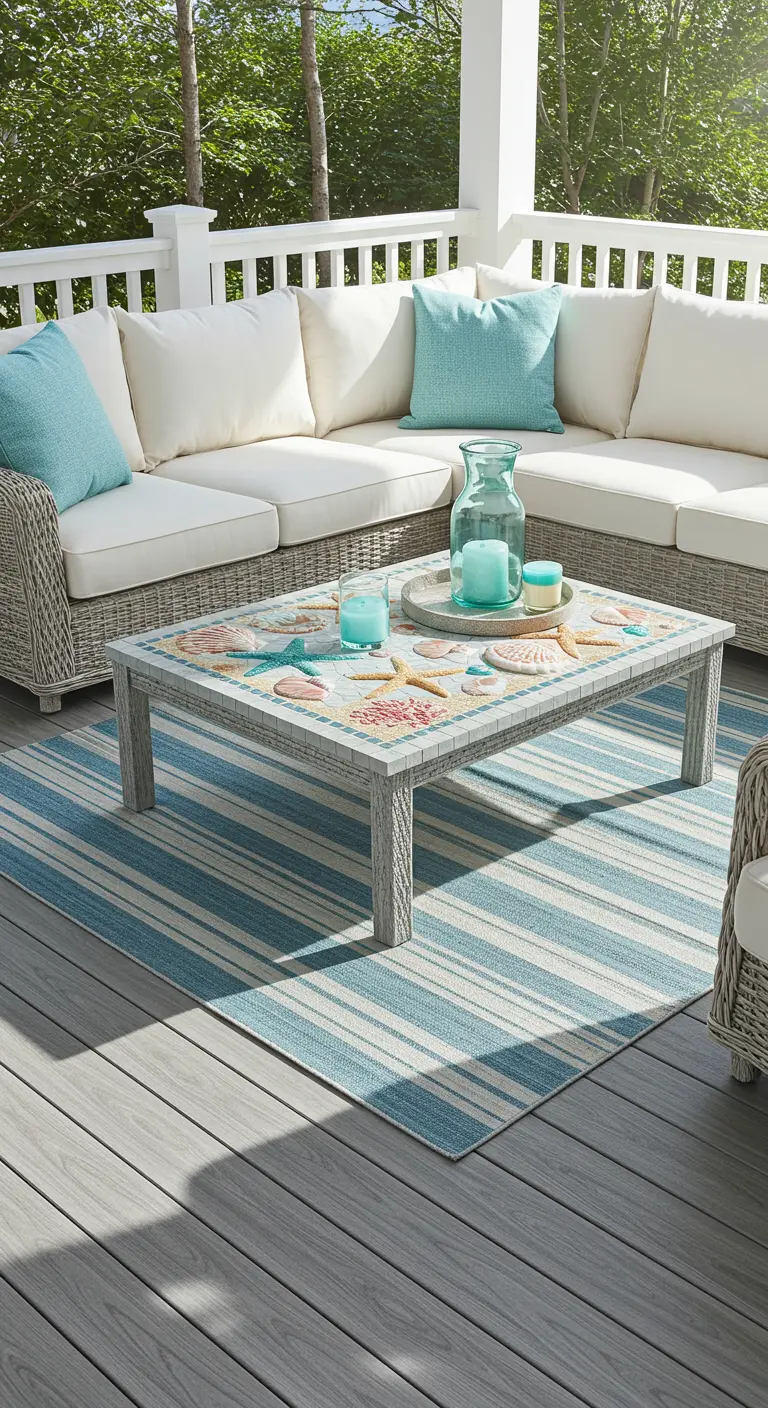 Table basse en mosaïque de coquillages sur un porche avec un canapé blanc.