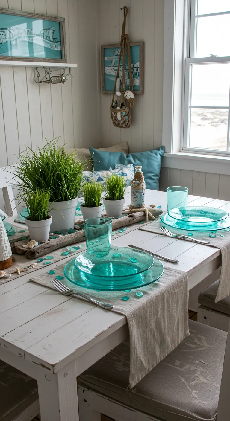Décor de table côtier avec herbes en pot, bois flotté et verrerie turquoise.