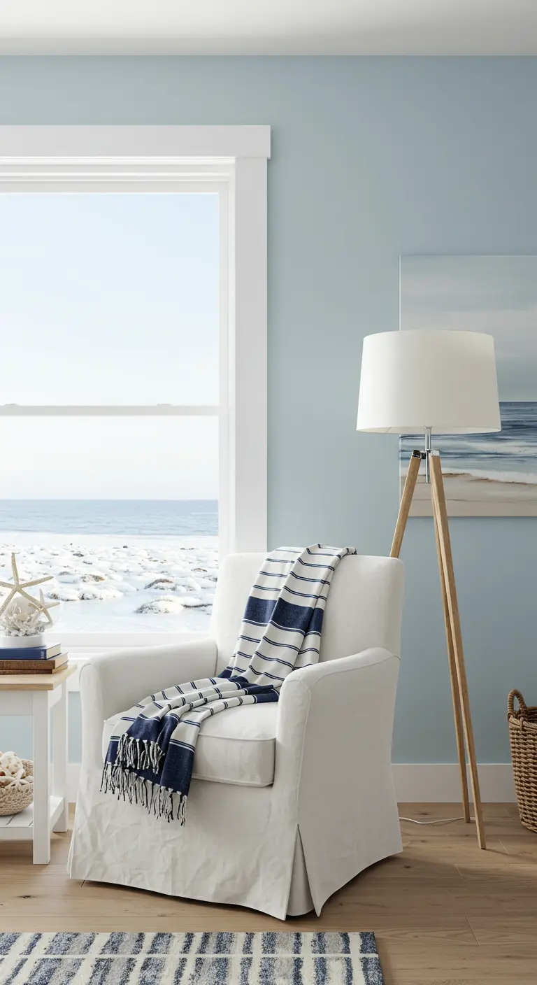 Fauteuil blanc, plaid rayé bleu, table bois flotté, lampe trépied, tableau marin, tapis rayé.