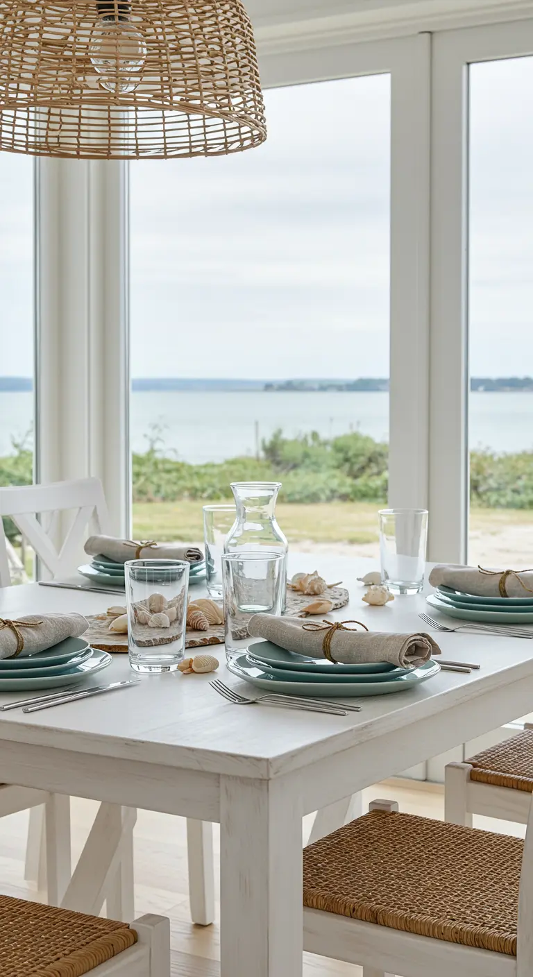 Table de style côtier avec des assiettes turquoise et une décoration de coquillages.