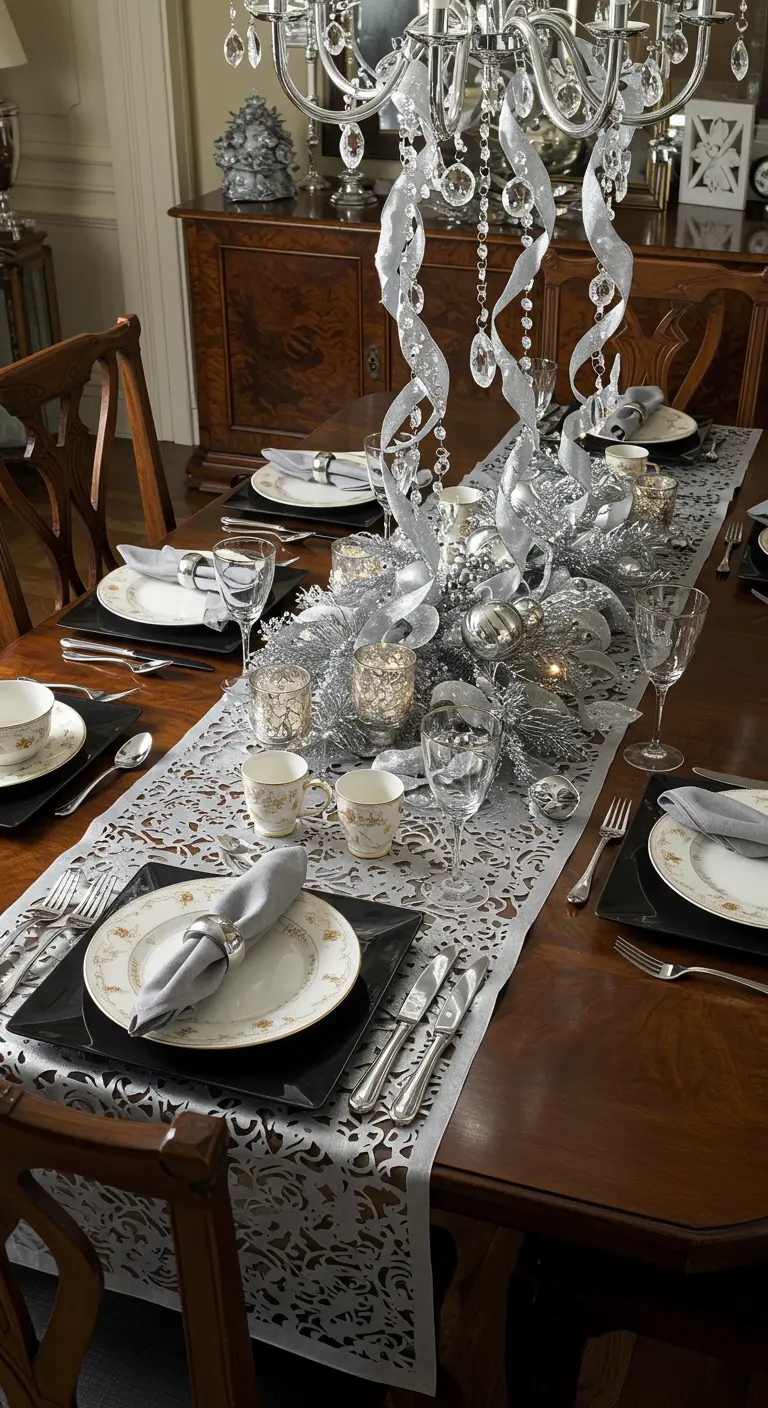 Table de fête classique avec un chemin de table argenté découpé et des décorations en cristal.