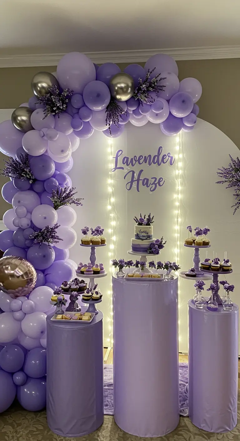 Arche de ballons lavande et argent avec des guirlandes LED et un buffet.
